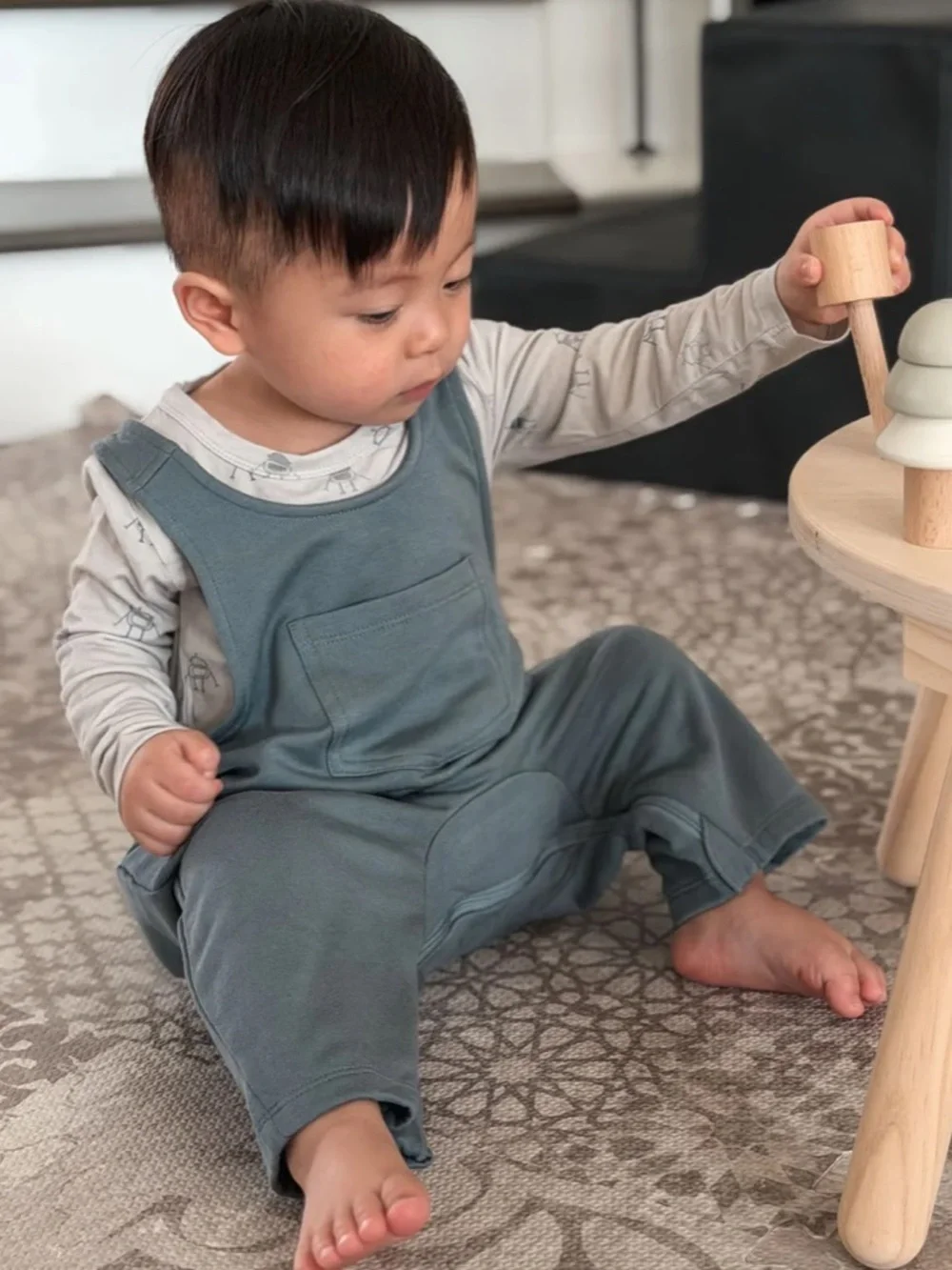 Gunamuna robot print onesie and overalls.